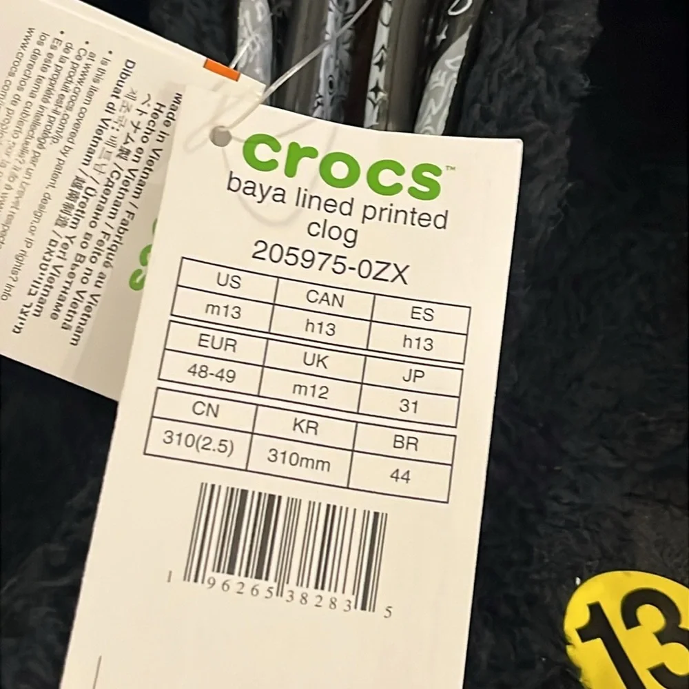 Crocs Baya Lined Printed Bandanna Clog Shoes Sandals new black grey Mens Size 13